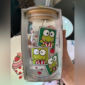 Keroppi 16 oz. Glass Cup with Glass Straw and Bamboo Lid